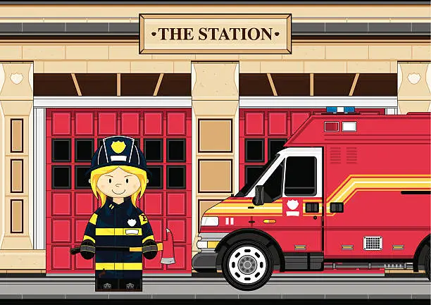 Vector illustration of Fire Truck & Firefighter Scene