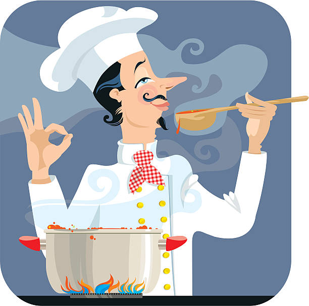Mr. The Chief This Chef is in absolute ecstasy with his own culinary creation! chef cooking flames stock illustrations