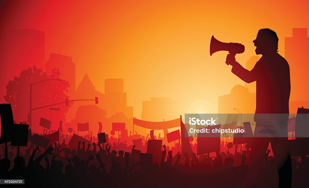 Rally Demonstration Young person leading a demonstration in the city. Files included – jpg, ai (version 8 and CS3), svg, and eps (version 8) Protest stock vector