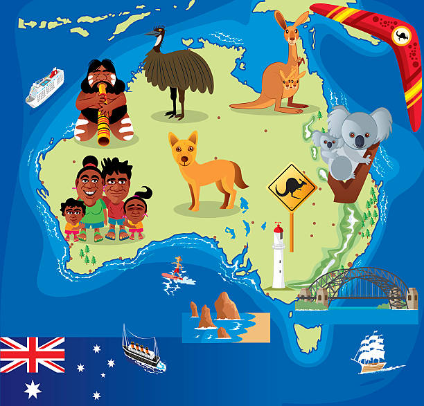 illustrazioni stock, clip art, cartoni animati e icone di tendenza di fumetto mappa di australia - koala australia sydney australia animal