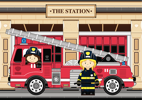 Female Fireman and Fire Engine Scene