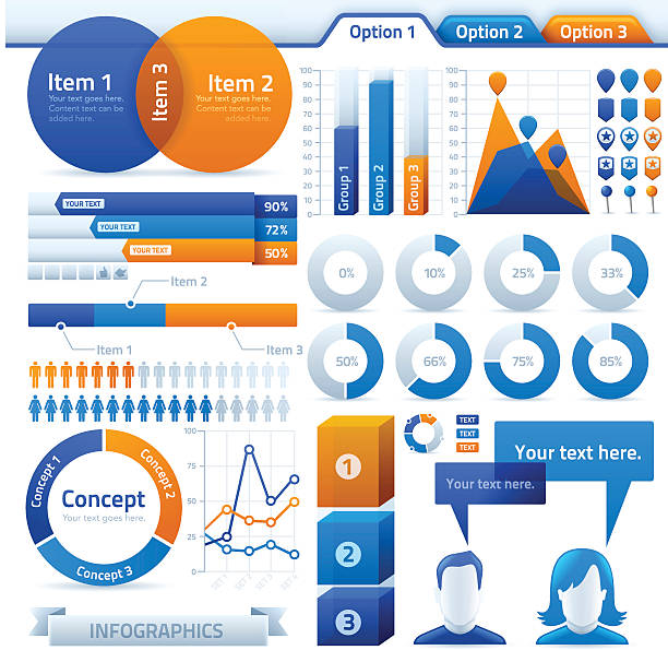 Infographic and Design Elements Highly detailed infographic and design elements. Elements are grouped and labeled for easy adjustment. EPS 10 file. Transparency effects used on highlight elements. comparison infographics stock illustrations