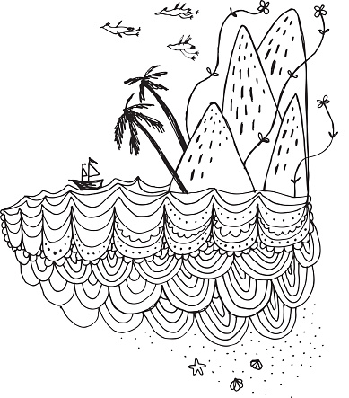 A floating beach scene with an island, water and a ship.  The island is made up of four large mounds or mountains.  From the base of the mounds three flowers sprout, some growing larger than the mounds.  Two palm trees also stick out from the mounds.  The water around the island is made of arched lines. Beneath the island is a starfish and two clam shells.  In the air above the island are three birds flying away from land.  A ship sails away from the island as well, with two sails raised.