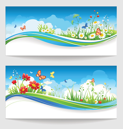 Two summer banners with flowers and butterflies ZIP includes EPS, AI, JPG RGB