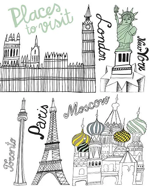 Vector illustration of Famous world landmarks: Big Ben, Eiffel Tower, Statue of Liberty