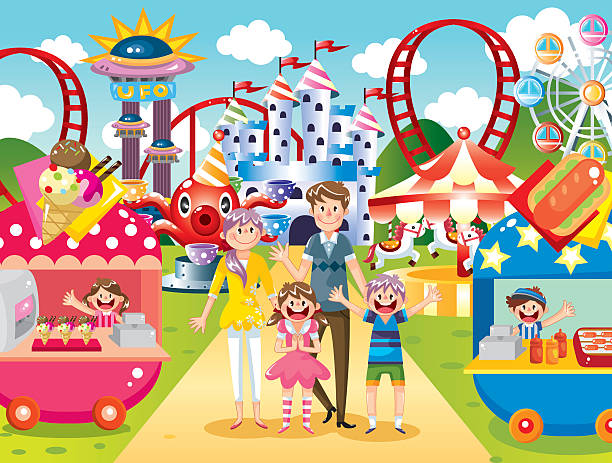 ilustraciones, imágenes clip art, dibujos animados e iconos de stock de feliz familia en el parque de diversiones - rollercoaster carnival amusement park carousel