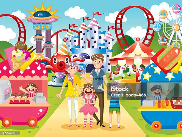 Happy Family At Amusement Park Stock Illustration - Download Image Now - Traveling Carnival, Amusement Park, Cartoon