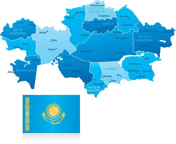 Vector illustration of Map of Kazakhstan - states, cities and flag