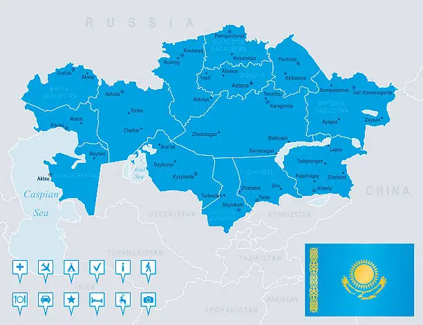 Vector illustration of Map of Kazakhstan - states, cities, flag, navigation icons