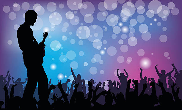 Guitar Concert Guitarist performing in front of cheering fans and sparkling lights. This file is layered and grouped, ready for editing. Files included – jpg, ai (version 8 and CS3), svg, and eps (version 8) pink guitar stock illustrations