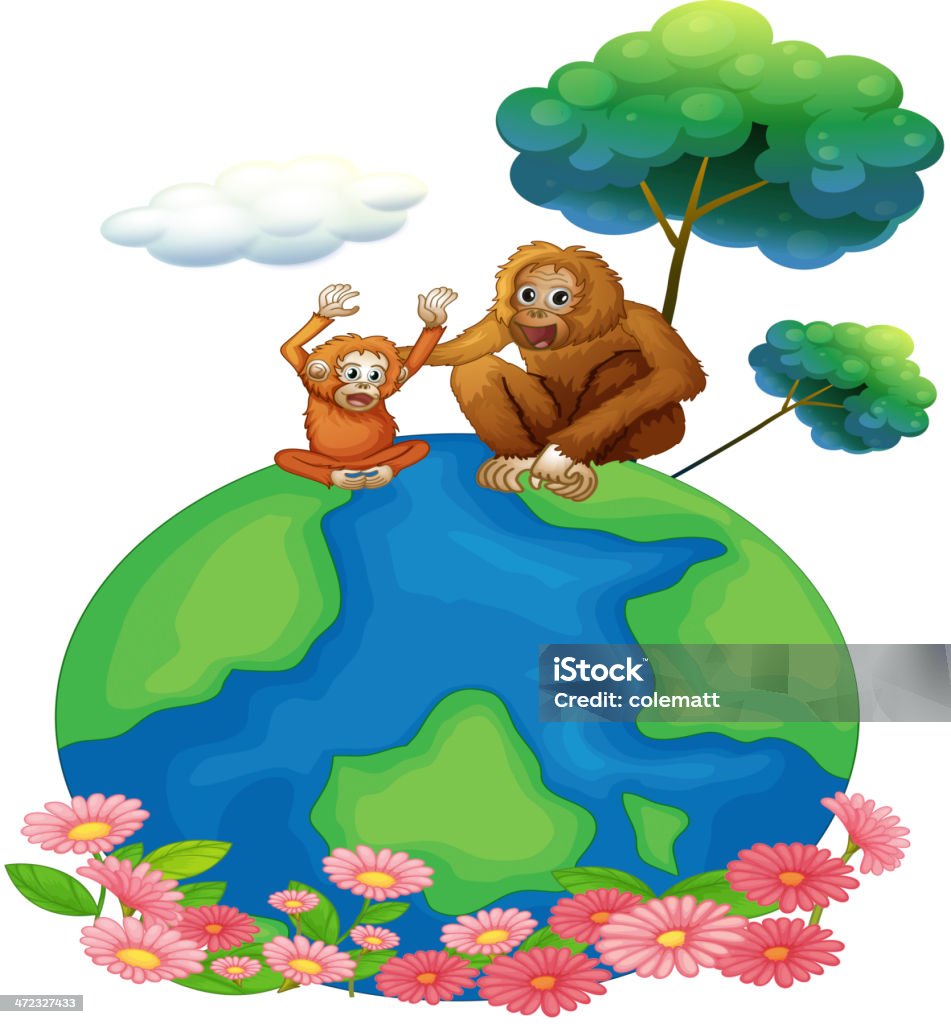 Petits et gros Orang-outan assis au-dessus de la planète Terre - clipart vectoriel de Arbre libre de droits