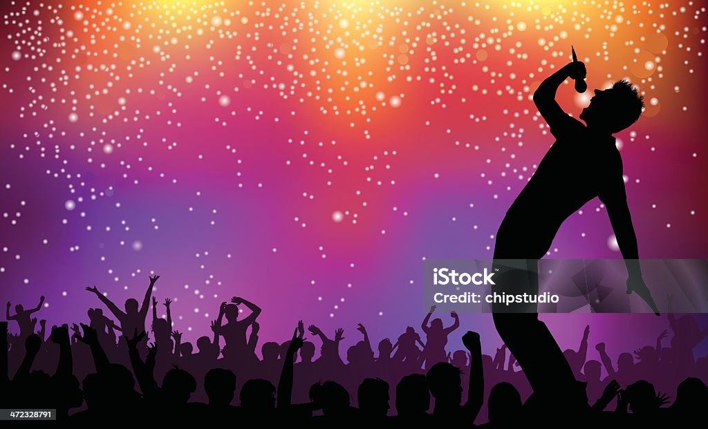 Silhouette of singer and crowd on rock concert illustration Singer performing in front of cheering fans and sparkling lights. This file is layered and grouped, ready for editing. Files included – jpg, ai (version 8 and CS3), svg, and eps (version 8) Singing stock vector