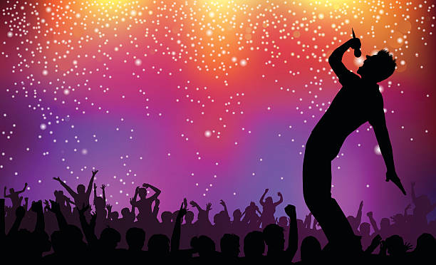 Silhouette of singer and crowd on rock concert illustration Singer performing in front of cheering fans and sparkling lights. This file is layered and grouped, ready for editing. Files included – jpg, ai (version 8 and CS3), svg, and eps (version 8) microphone silhouettes stock illustrations