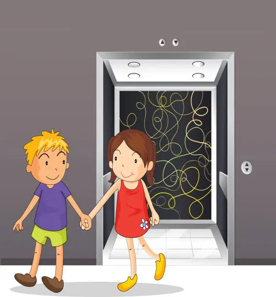 Vector illustration of Girl and boy holding hands near the elevator