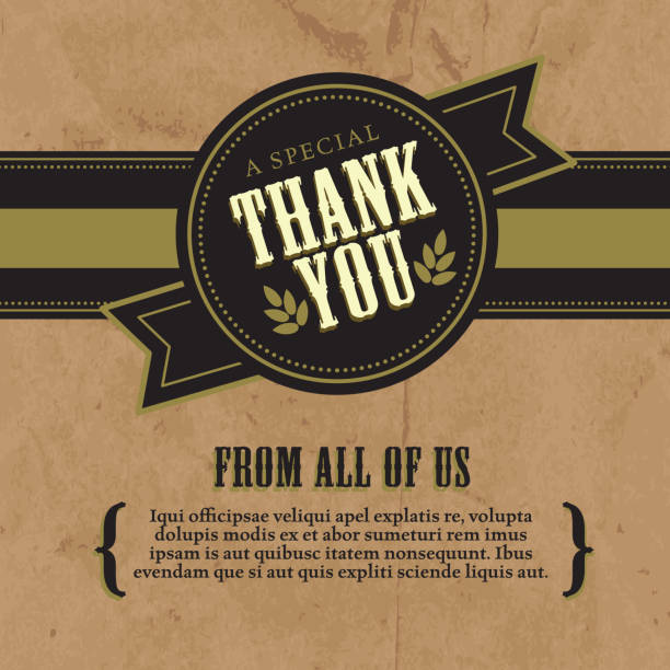 Thank you greeting card design layout rustic craft paper background Vector illustration of a vintage or retro revival Thank you greeting card template. Sample text design, label and paper bag texture in background. Download includes Illustrator 8 eps, high resolution jpg and png file. See my portfolio for similar concepts. thank-you-gold-greeting-card stock illustrations