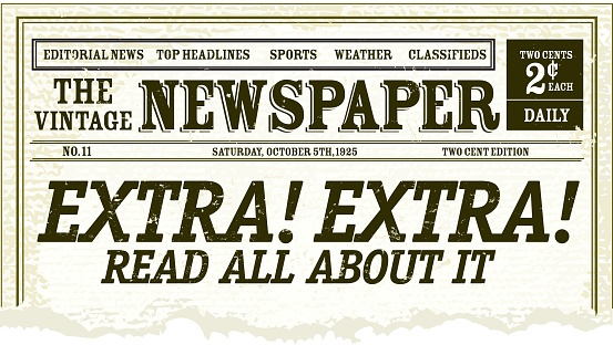 Vector illustration of a front page of an old newspaper with torn bottom. Includes sample masthead and headline. Very textured and rough background. Separate layers for easy editing. Download includes Illustrator 8 eps, high resolution jpg and png file.