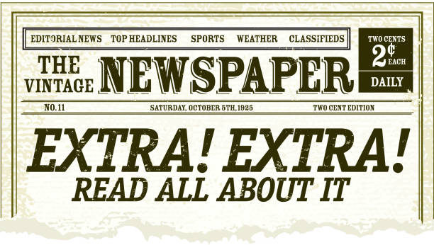 Vintage Newspaper clipping design Vector illustration of a front page of an old newspaper with torn bottom. Includes sample masthead and headline. Very textured and rough background. Separate layers for easy editing. Download includes Illustrator 8 eps, high resolution jpg and png file. old newspaper stock illustrations
