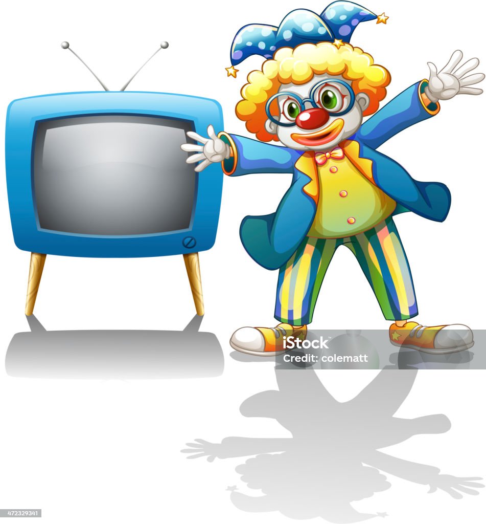 Clown accanto a una televisione blu - arte vettoriale royalty-free di Abbigliamento