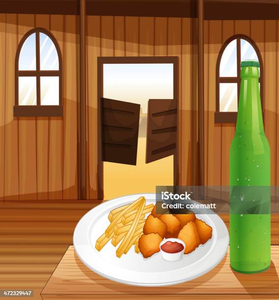 Table With Plate Of Food And Soda Stock Illustration - Download Image Now - Bar - Drink Establishment, Bottle, Broken