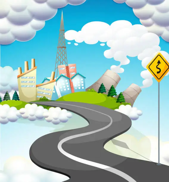 Vector illustration of Curve road with a yellow signage