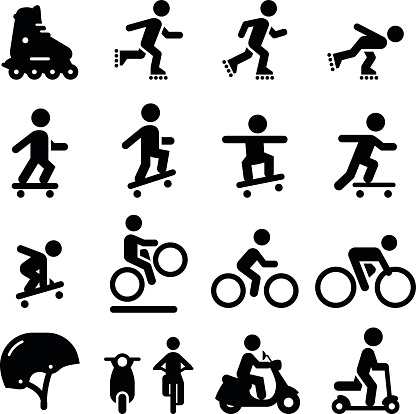 Skateboarding, scooter, rollerblading, bicycling and moped icons. Vector icons for video, mobile apps, Web sites and print projects. See more in this series.