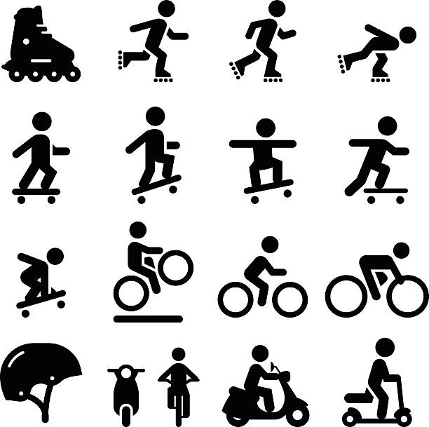 Skate and Street Icons - Black Series Skateboarding, scooter, rollerblading, bicycling and moped icons. Vector icons for video, mobile apps, Web sites and print projects. See more in this series. push scooter stock illustrations