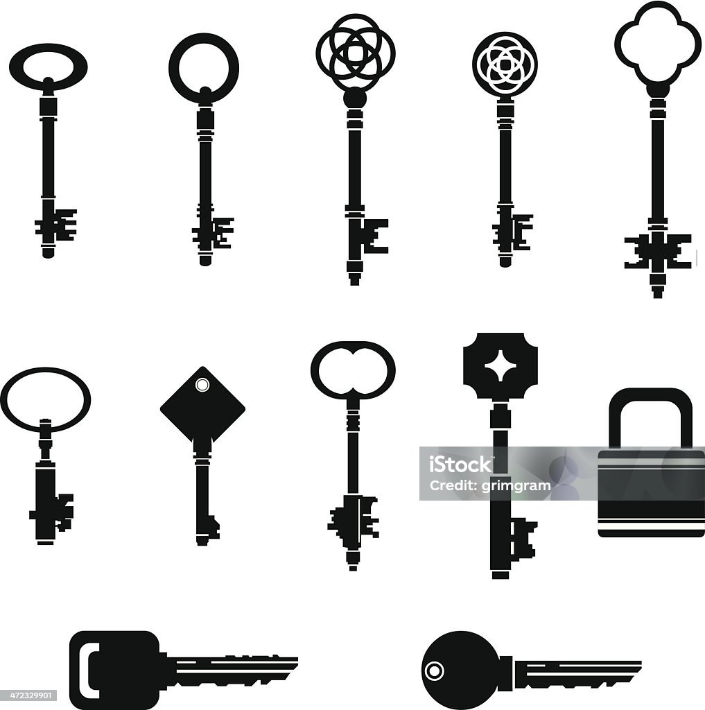 Negro siluetas de llave con bloqueo - arte vectorial de Llave maestra libre de derechos