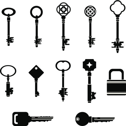 A vector illustration of old and new keys for unlocking doors. Padlock also included.