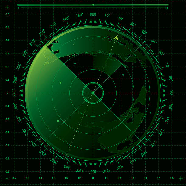 Image of a green and black radar screen Navy war ship Radar. radar stock illustrations