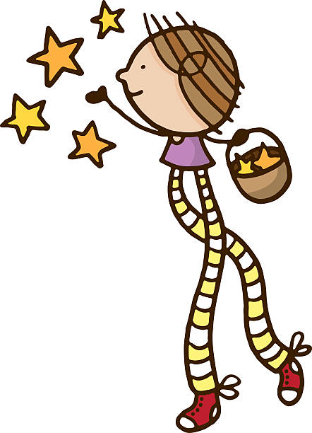 Girl with long legs and a basket of stars vector art illustration