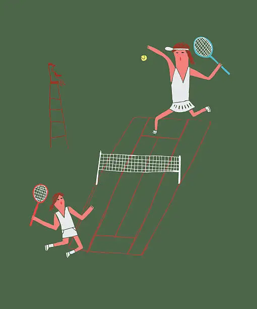 Vector illustration of Women playing tennis outdoors