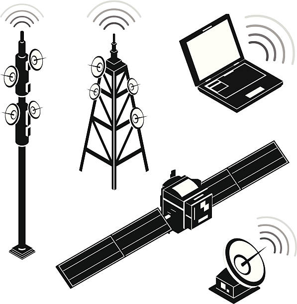 제품의 등각투영 연락체계 실루엣 아이콘 - communications tower isometric wireless technology mobile phone base station stock illustrations