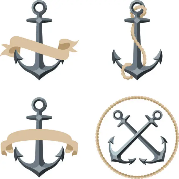 Vector illustration of Various sailor anchor emblems with banners or ropes