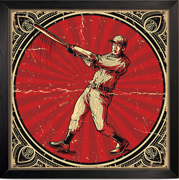 Vintage baseball batter card with red and gold elements Vector illustration. Baseball player making a hit. softball homerun stock illustrations