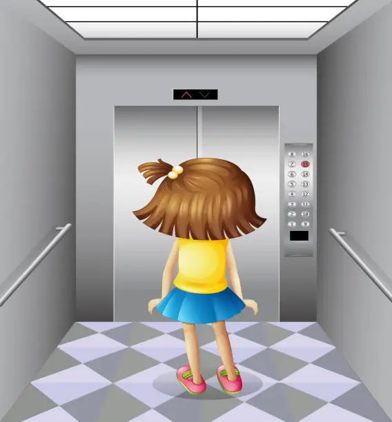 Vector illustration of Little girl at the elevator