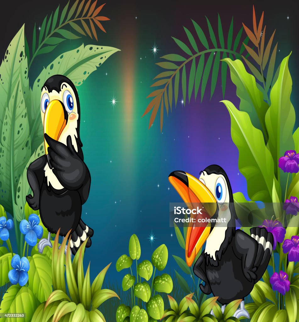 Deux oiseaux dans la forêt tropicale - clipart vectoriel de Amitié libre de droits