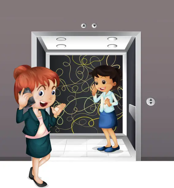 Vector illustration of Two girls at the elevator