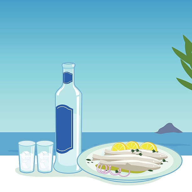 ilustrações, clipart, desenhos animados e ícones de ouzo e peixes - greek culture bar restaurant greece