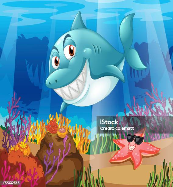 Requin Et Une Étoile De Mer Sous Leau Vecteurs libres de droits et plus d'images vectorielles de Bleu - Bleu, Caillou, Crocs - Dents des animaux