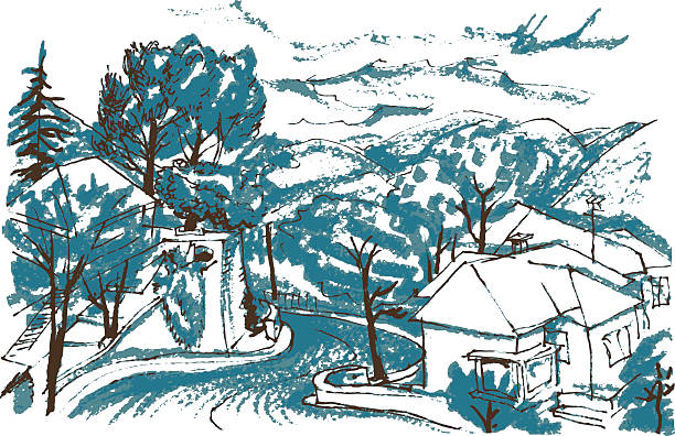 illustrazioni stock, clip art, cartoni animati e icone di tendenza di mountain village  - house wood dirt road footpath