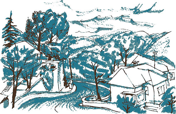 mountain village  - house wood dirt road footpath stock illustrations