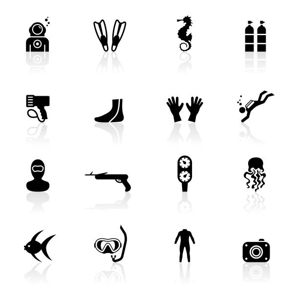 ilustraciones, imágenes clip art, dibujos animados e iconos de stock de negro símbolos de buceo - deep sea diving illustrations