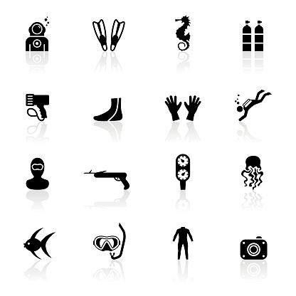 Illustration representing different scuba diving related icons.