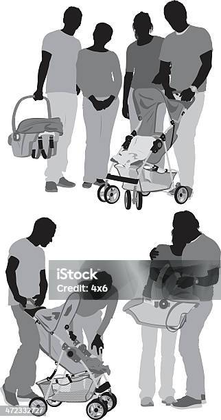 Pais Com Seus Filhos No Carrinho - Arte vetorial de stock e mais imagens de Contorno - Contorno, Homens, Mulheres