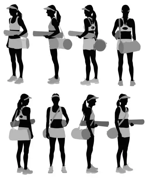 Vector illustration of Female athlete with exercise mat and gym bag