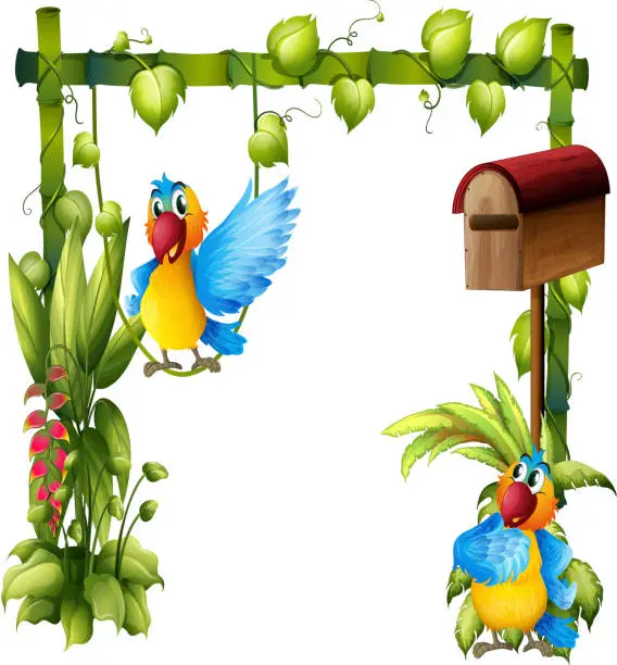 Vector illustration of Two parrots with a wooden mailbox
