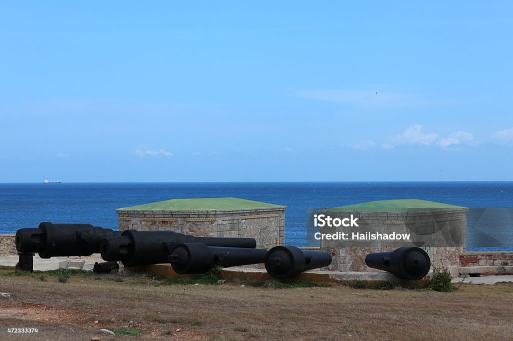 Cannons of the Spanish Empire, Havana Old Spanish Cannons at Castilo de Los Tres Reyes Del Morro, Cuba. 2015 Stock Photo
