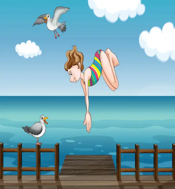 Vector illustration of Young girl diving