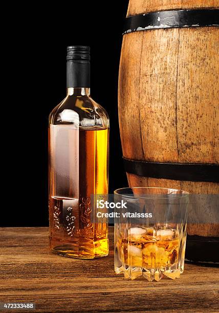 Whiskey And Oak Barrel Stock Photo - Download Image Now - Whiskey, Bottle, Rum