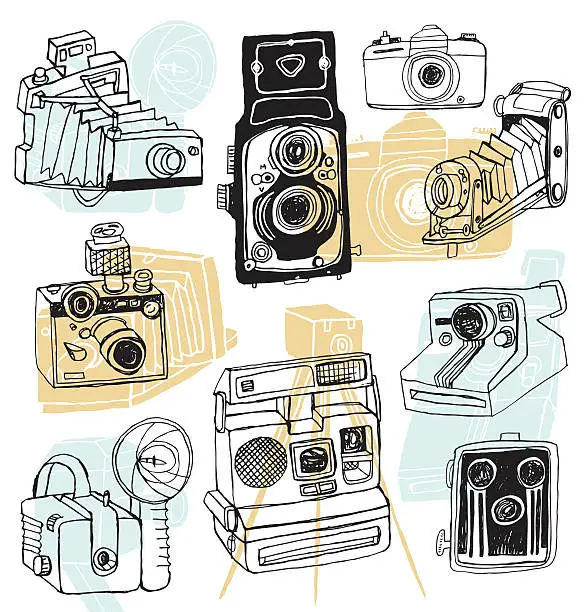 Vector illustration of Sketchy hand drawn set of vintage cameras on white background